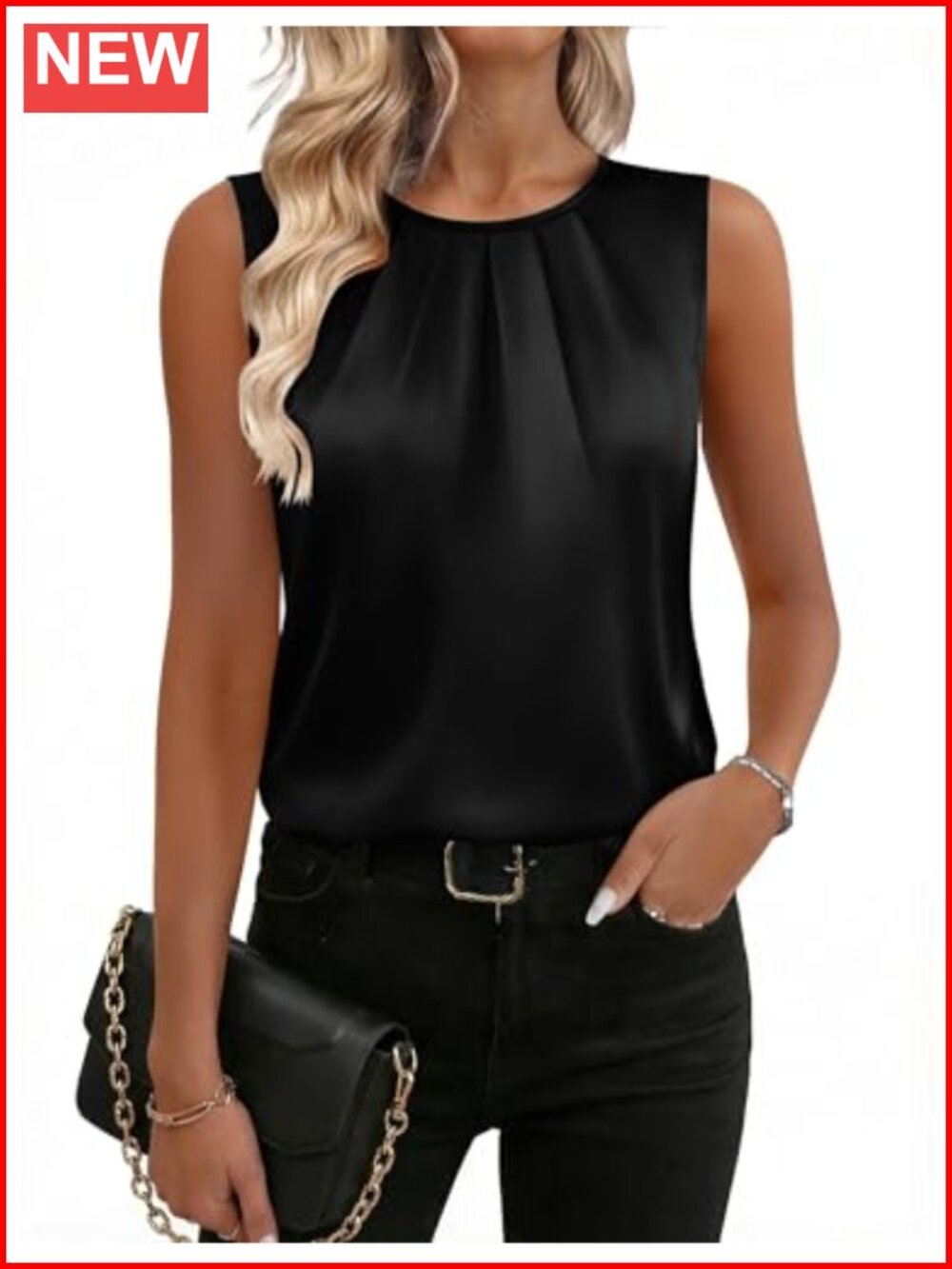 Silk Satin Pleated Tank Top Sleeveless Crew Neck Women's Business Casual Blouse